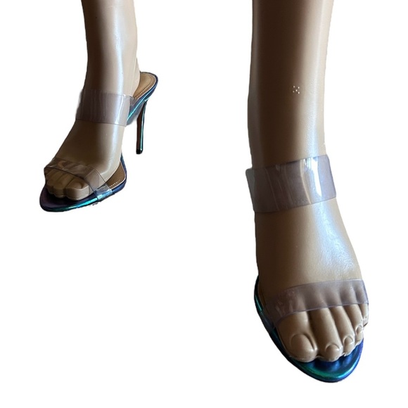 SCHUTZ Iridescent Blue Heels Clear Strappy Design Party Event Women 7B Fairytale - Picture 3 of 9